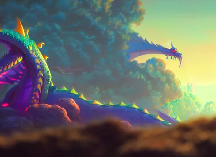 Prompt: a wholesome animation key shot of a neon dragon, close up, studio ghibli, pixar and disney animation, sharp, rendered in unreal engine 5, clear sky, anime key art by greg rutkowski, bloom, dramatic lighting