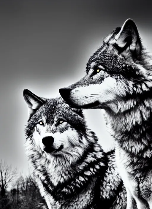 Image similar to two wolves black and white portrait white sky in background