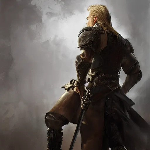 Image similar to rear side portrait of a muscular, ponytail haired blonde man with a armored left arm, wearing a brown leather coat, looking to his left, DnD, fantasy, detailed, digital art by Ruan Jia