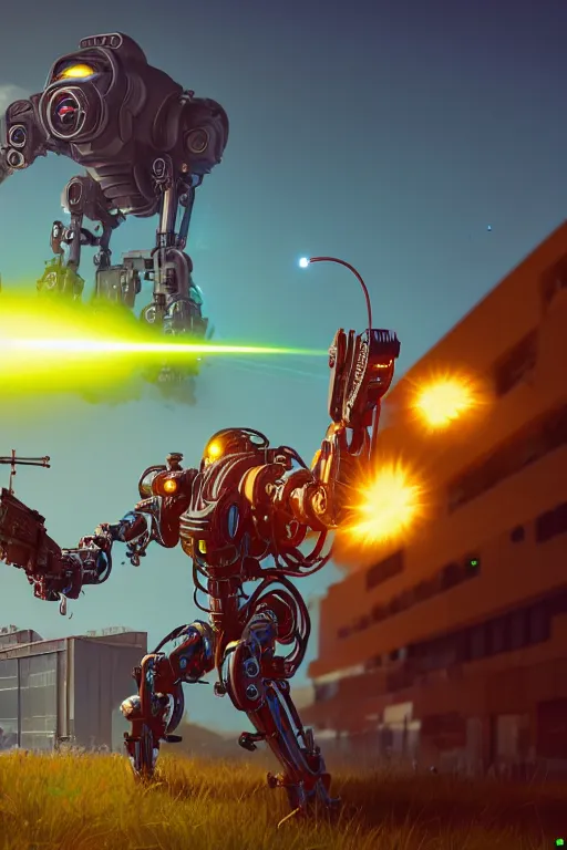 Prompt: Large cyborg shooting a laser, sunny, epic, ultra hd, Painting By Simon Stalenhag, unreal 5, DAZ, hyperrealistic, octane render, dynamic lighting, intricate detail, summer vibrancy, cinematic