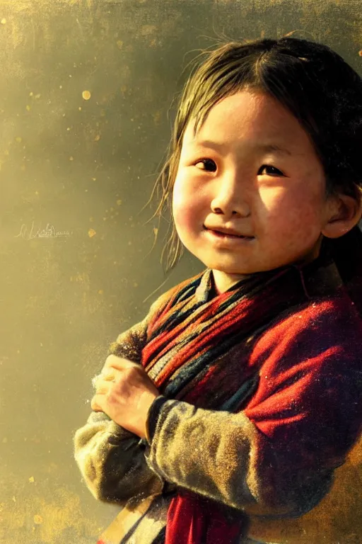 Image similar to Tibetan little girl, joyful, close-up portrait, intricate, elegant, volumetric lighting, scenery, digital painting, highly detailed, artstation, sharp focus, illustration, concept art, ruan jia, steve mccurry