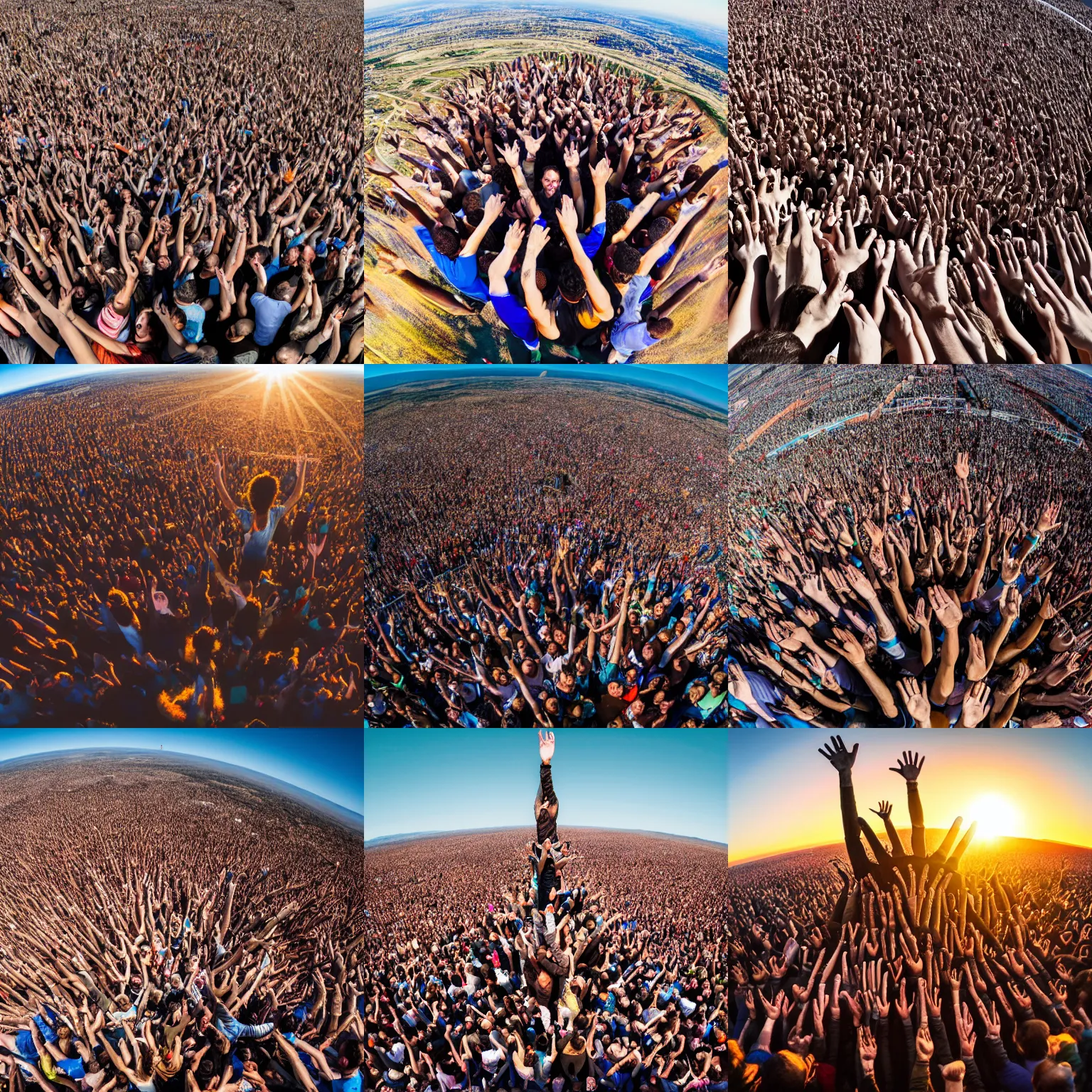 Prompt: a mile - high tower of people standing on top of each other's shoulders, at the top there's a giant hand composed of people that's reaching for the sun. wide angle lens, aerial, we can see the earth in the frame.