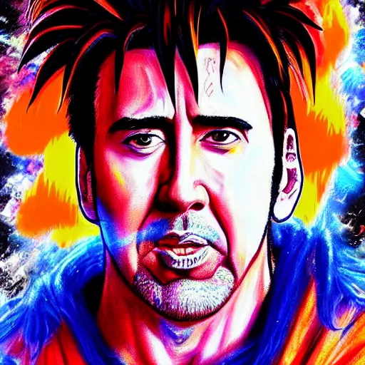 Prompt: nic cage as goku, buff, painted portrait, highly detailed,