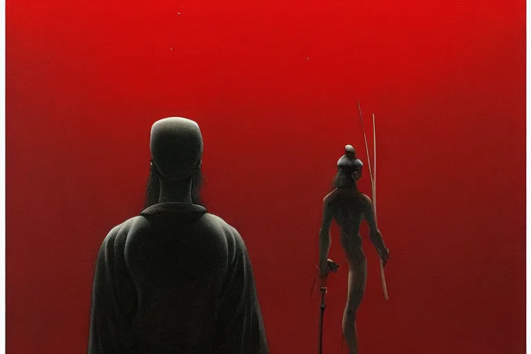 Image similar to only with red, a red samurai harakiri, tokio, a lot of frogs watch, in the style of beksinski, parts by edward hopper, parts by rodcenko, parts by yue minjun, intricate and epic composition, red by caravaggio, insanely quality, highly detailed, masterpiece, red light, artstation, 4 k