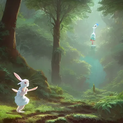 Image similar to concept art painting of an anthropomorphic white rabbit wearing a turquoise dress, in the deep forest, realistic, detailed, cel shaded, in the style of makoto shinkai and greg rutkowski and james gurney