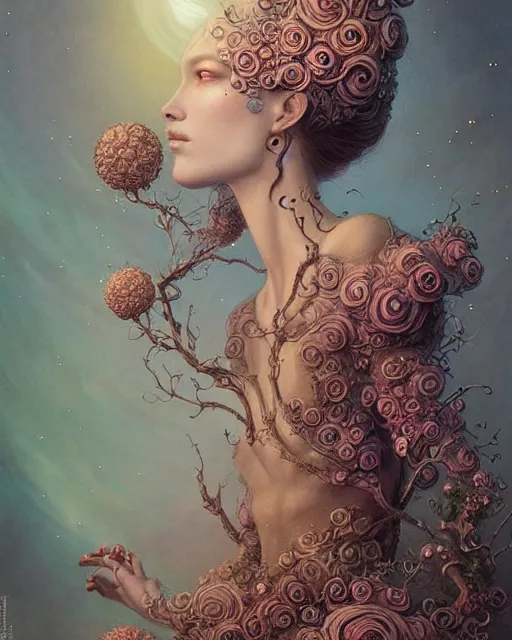 Prompt: a beautiful detailed front view portrait of a princess with ornate growing around, ornamentation, flowers, elegant, beautifully soft lit, by wayne barlowe, peter mohrbacher, kelly mckernan