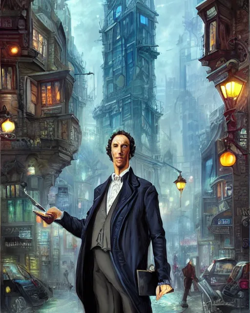 Prompt: portrait of sherlock holmes on a futuristic city street background, digital painting, detailed, realistic, digital art, by alayna lemmer