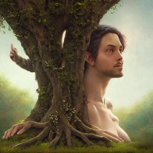 Prompt: breathtaking soft painting of adam and eve at paradise with the forbidden tree, art concept, artstation, realistic symmetrical face features, rembrandt style, elegant, highly detailed, artstation, concept art, matte, sharp focus, art by tom bagshaw, and greg rutkowski