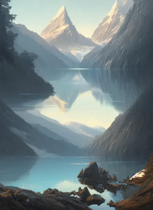 Image similar to epic mountain view surrounded by lake highly detailed, digital painting, concept art, smooth, sharp focus, illustration, art by greg rutkowski