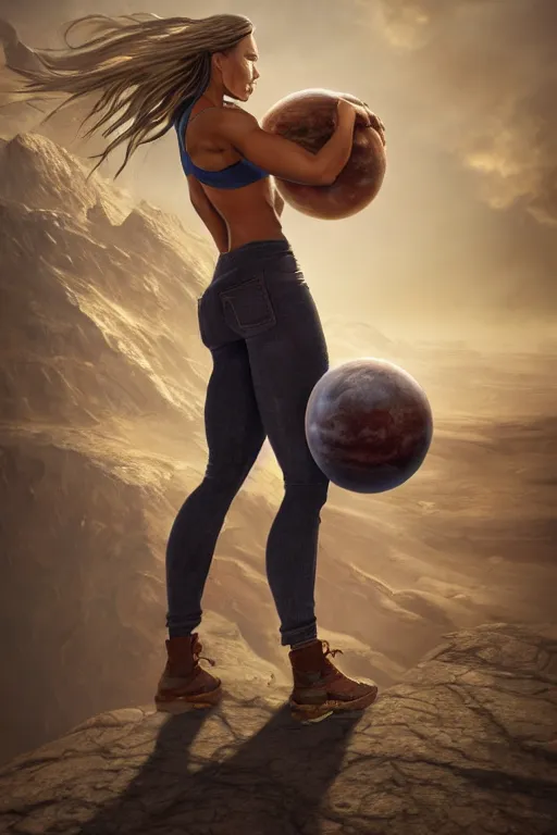 Image similar to a beautiful muscular woman wearing casual clothes carrying a giant planet Earth on her back, long hair, beautiful, hyperrealistic, concept art, octane render, unreal engine 5, trending on Artstation, high quality, 8K, soft lighting, trending on DeviantArt, highly detailed, high quality, digital art, anatomically correct, five fingers, desert in the background, path traced, complementary colors, natural lighting, epic image