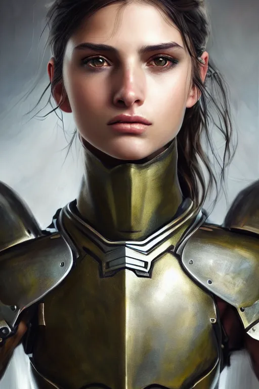 Image similar to a photorealistic painted portrait of an attractive young girl, partially clothed in metal-plated battle armor, olive skin, long dark hair, flawless skin, beautiful bone structure, symmetric facial features, perfect photorealistic eyes, natural physique, intricate, elegant, digital painting, concept art, finely detailed, beautifully illustrated, sharp focus, minimal artifacts, from Metal Gear, by Ruan Jia and Mandy Jurgens and Artgerm and William-Adolphe Bouguerea, in the style of Greg Rutkowski, trending on Artstation, award winning art