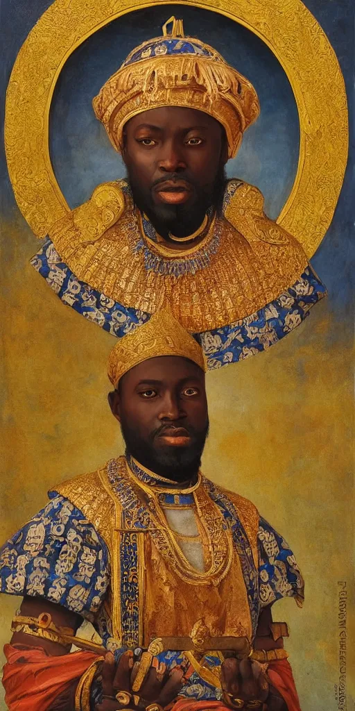 Image similar to a stunning and noble highly detailed romantic period style portrait of Mansa Musa by Josep Tapiró Baró, trending on artstation, oil painting masterpiece, symmetry, mysterious, very very very aesyhetic, African iconography