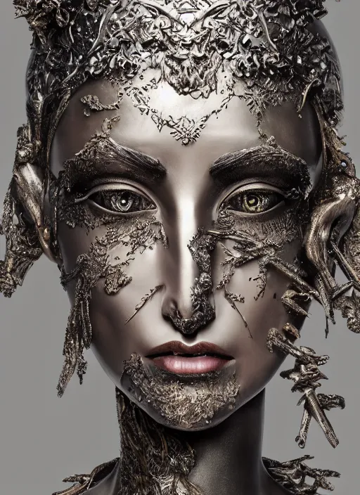 Image similar to sculpture made of metal, portrait, female, future, wood, tree, harper's bazaar, vogue, magazine, insanely detailed and intricate, concept art, close up, ornate, luxury, elite, elegant, trending on artstation, by ruan jia, by Kenneth Willardt, by ross tran, by WLOP, by Andrei Riabovitchev,