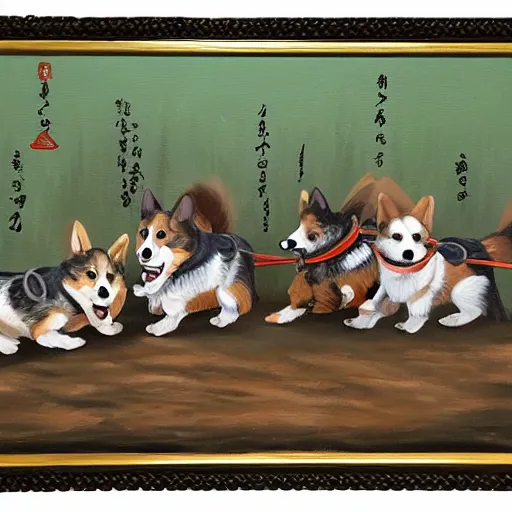 Image similar to oil painting on matte canvas of corgi samurais preparing for battle