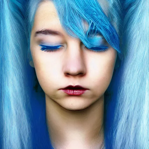 Image similar to portrait of young girl half dragon half human , dragon skin, dragon eyes, dragon crown, blue hair, long hair, By David Lynch