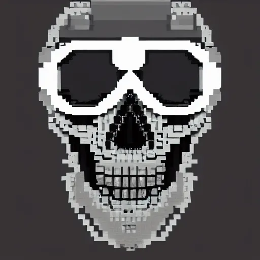 Image similar to a skull face with goggles in a cyberpunk aesthetic with the word pixel written above