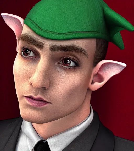 Image similar to an elf in a suit, gatsby hat, detailed portrait, detailed face, perfect lighting hd, 4 k, realistic, photorealistic