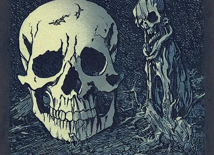 Prompt: blue woodcut print, cartoon halloween skull in graveyard at midnight by greg rutkowski, fine details, highly detailed