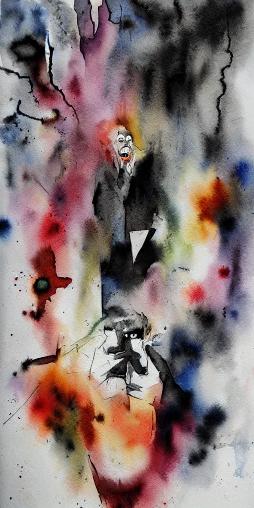 Prompt: a watercolor painting, his endless screaming makes his own mind eat him up, abstract, surrealism, black and white