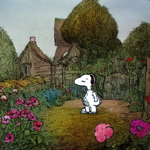 Image similar to Beatrix Potter illustration of Snoopy in a cottage garden