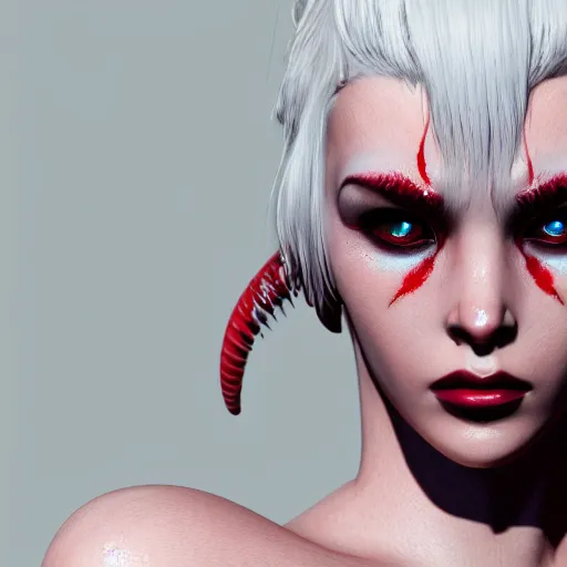 Image similar to a highly detailed portrait of a humanoid demon girl with white hair, red horns, in white clothes, artstation, deviantart, professional, unreal engine 5, photorealistic