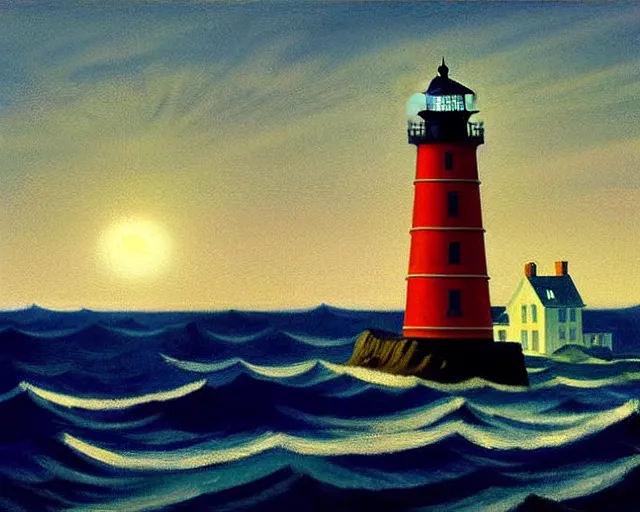 Image similar to a stunning maritime painting of a sailing ship, a lighthouse, the moon, a small house with the lights on, by edward hopper, award winning art, moody lighting