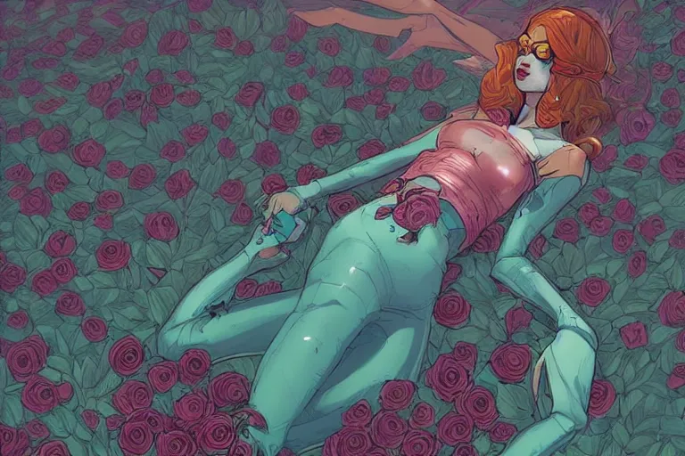 Prompt: comic book illustration, an alien princess lying on a bed of roses, cyberpunk concept art by josan gonzales and wlop, highly detailed, intricate, sci-fi, sharp focus, Trending on Artstation HQ, deviantart