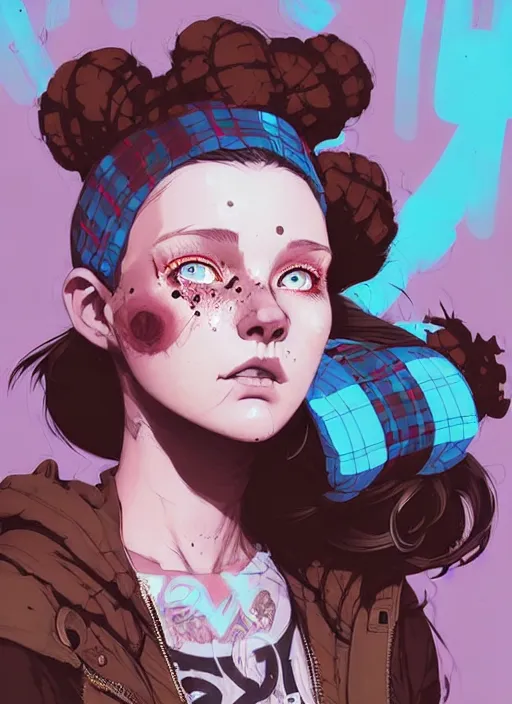 Image similar to highly detailed portrait of a sewer punk lady, blue eyes, tartan hoody, ringlet hair by atey ghailan, by greg rutkowski, by greg tocchini, by james gilleard, by joe fenton, by kaethe butcher, gradient pink, brown, light blue and white color scheme, grunge aesthetic!!! ( ( graffiti tag wall background ) )