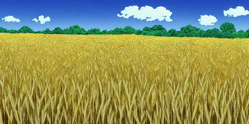 Prompt: an open wheat field, studio ghibli landscape