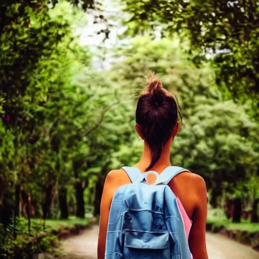 Prompt: A young lonely woman on her own travelling the world, with shorts and wearing backpack