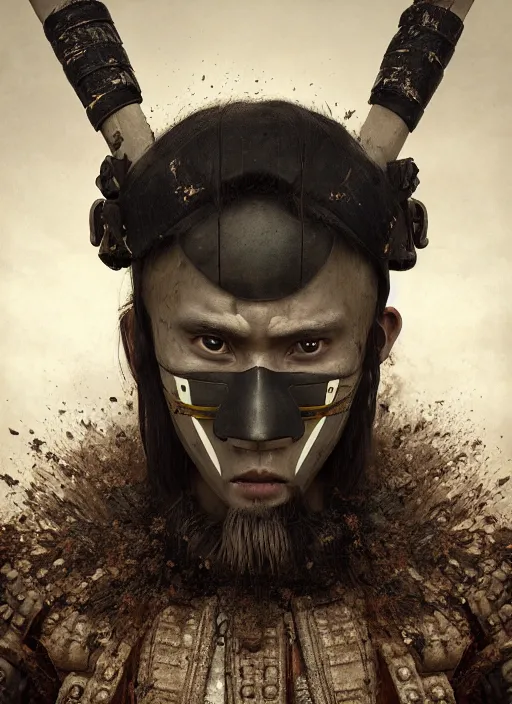 Image similar to samurai portrait, symmetrical face, wearing mempo mask, after a battle, dirt and unclean, extreme detail, cinematic, dramatic lighting render, photorealism photo by national geographic, tom bagshaw, masterpiece