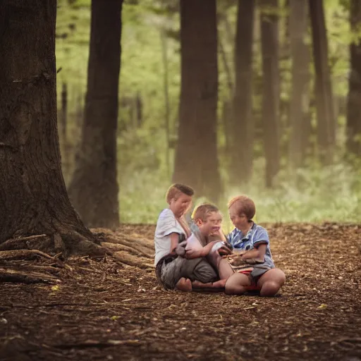 Image similar to a family made out of wood sit in a park 5 0 mm lens, f 1. 4, sharp focus, ethereal, emotionally evoking, head in focus, volumetric lighting, 8 k