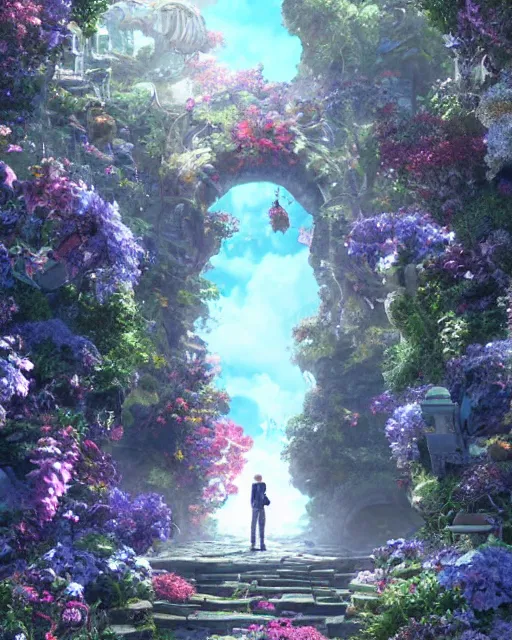 Image similar to portal to paradise, 8 k high definition, very unique, advanced technology, beams of energy, pathway, flowers, machines, insanely detailed, intricate, art by akihiko yoshida, antilous chao, woo kim