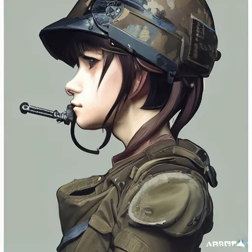 Prompt: side portrait of girl drinking, soldier clothing, combat helmet, anime style, short hair, hair down, symmetrical facial features, from arknights, hyper realistic, 4 k, rule of thirds, extreme detail, detailed drawing, trending artstation, hd, d & d, realistic lighting, by alphonse mucha, greg rutkowski, sharp focus, backlit