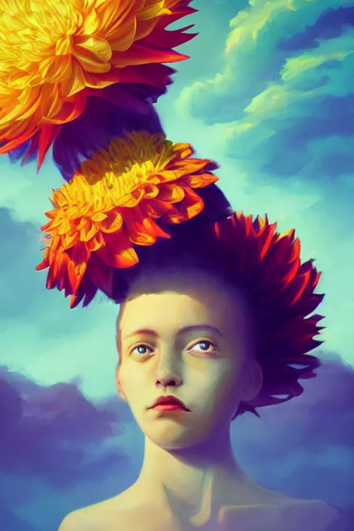 Image similar to closeup giant dahlia flower as head, girl standing on mountain, surreal photography, blue storm clouds, dramatic light, impressionist painting, digital painting, artstation, simon stalenhag