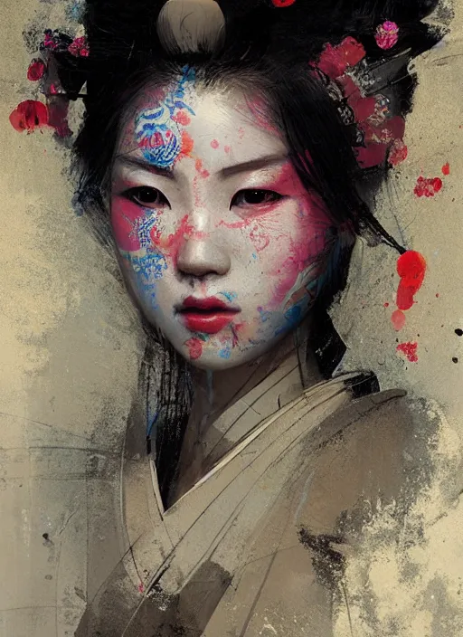 Image similar to female geisha girl, beautiful face, colourful, rule of thirds, intricate outfit, spotlight, by greg rutkowski, by jeremy mann, digital painting