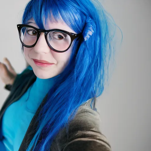 Prompt: photo of a young woman with messy blue hair and cat ears, glasses
