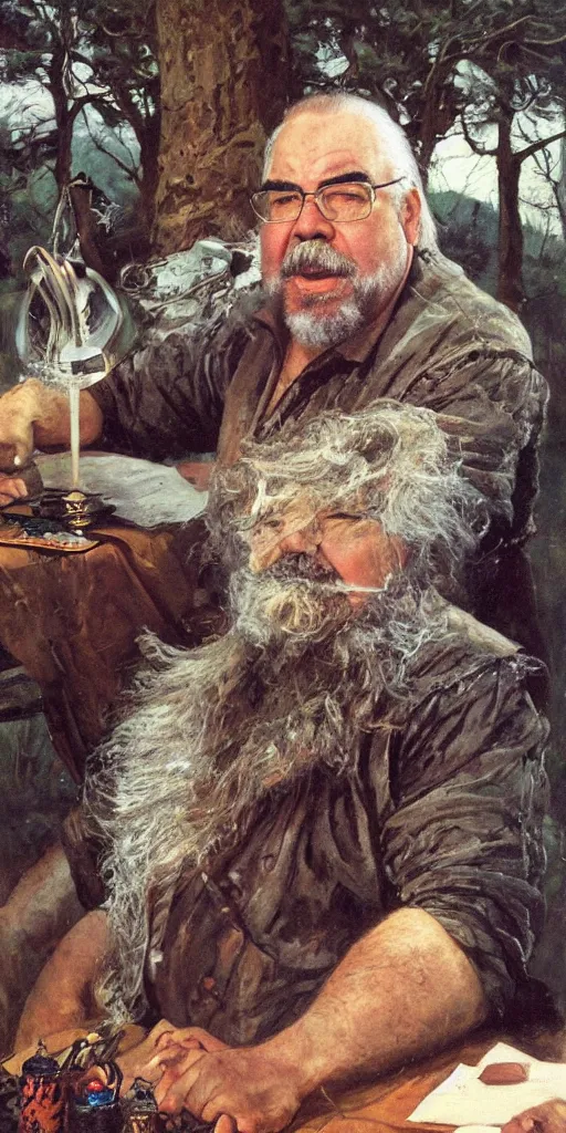 Image similar to sits Gary Gygax Gary Gygax plays dungeons and dragons in the middle of a field, game dungeons and dragons, Rye (Shishkin), painting by Ivan Shishkin, Ernest Gary Gygax face, photo by Gary Gygax, painting by Valentin Serov, oil painting, hyperrealism, beautiful, high resolution,