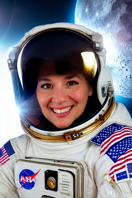 Image similar to extremely detailed studio portrait of space astronaut, holds a smart phone in one hand, phone!! held up to visor, reflection of phone in visor, moon, extreme close shot, soft light, golden glow, award winning photo by nasa