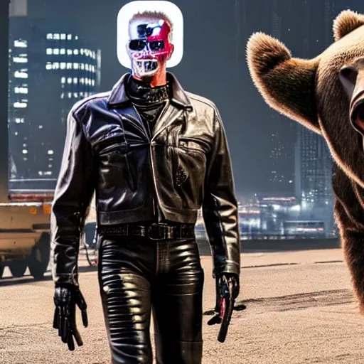 Image similar to a terminator android dressed as a cowboy while mounting a bear, 8 k, movie still, high detail, hyperrealistic, 2 0 7 7, cyberpunk aesthetic