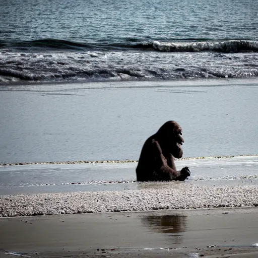 Prompt: photo of a Bigfoot at the beach in Tel Aviv, 50mm, beautiful photo