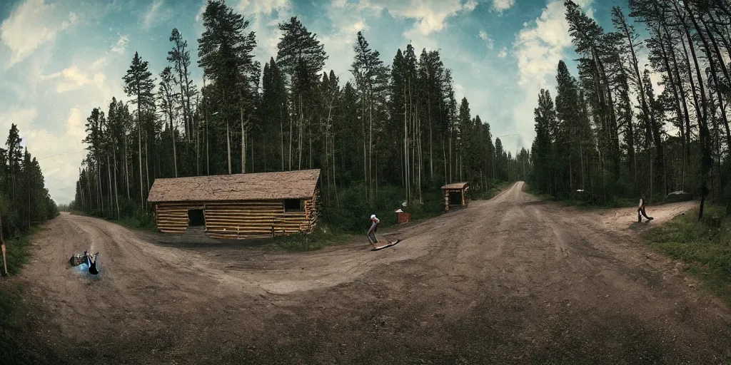 Prompt: a beautiful matte painting of a skateboarder, kick flip, pilgrim village setting, log homes, dirt road, trees, graffiti, fisheye lens, by Mikko Lagerstedt and Raphael Lacoste