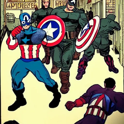 Image similar to captain america fighting the customers in a british pub