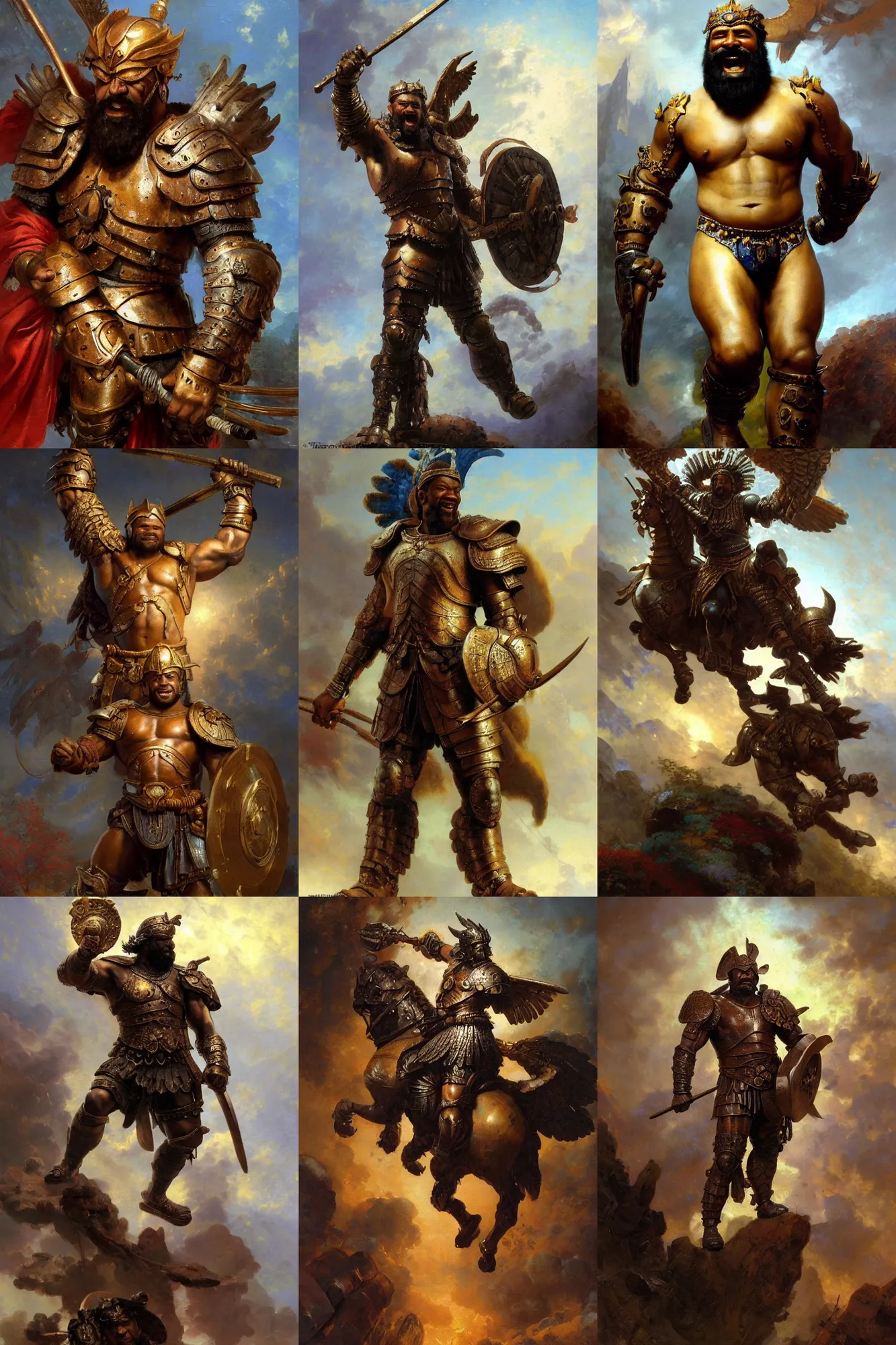 Prompt: friendly, smiling spartan, black skin. Oily muscles. long thick black beard. Big smile. Eagle wings. Intricate Bronze armour with large blue gems. Masterwork oil painting. By Rembrandt. By Thomas Kinkade. By Frank Frazetta. By Ross Tran. Trending on Artstation.
