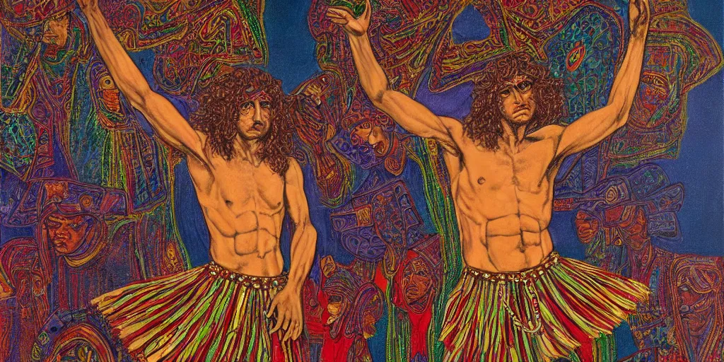 Prompt: an abstract spiritual background, a punk greek god dancing, clear eyes. 2 4 mm, photorealistic, muted color scheme, directed by mati klarwein