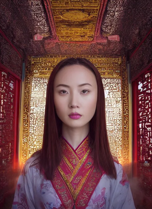 Image similar to godly Chinese ancient sentiel standing in the ancient temple during magical ritual, symmetrical face, big eyes and lips, looking down, subtle makeup, clean face and body skin,ecstatic expression,volumetric lights,depth of field, lens flares, dust in the air, moody lighting, intricate, elegant, highly detailed, centered, smooth, sharp focus, Donato Giancola, Joseph Christian Leyendecker, WLOP, Boris Vallejo, Artgerm moody photography, old photo, black and white, sepia, cinematic lighting, cinematic angle, national geographic