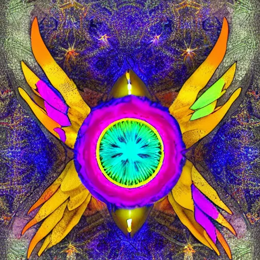 Image similar to multicolor open wings, a yellow eight-pointed-star in the center, an open eye in its center, space in the background, digital art