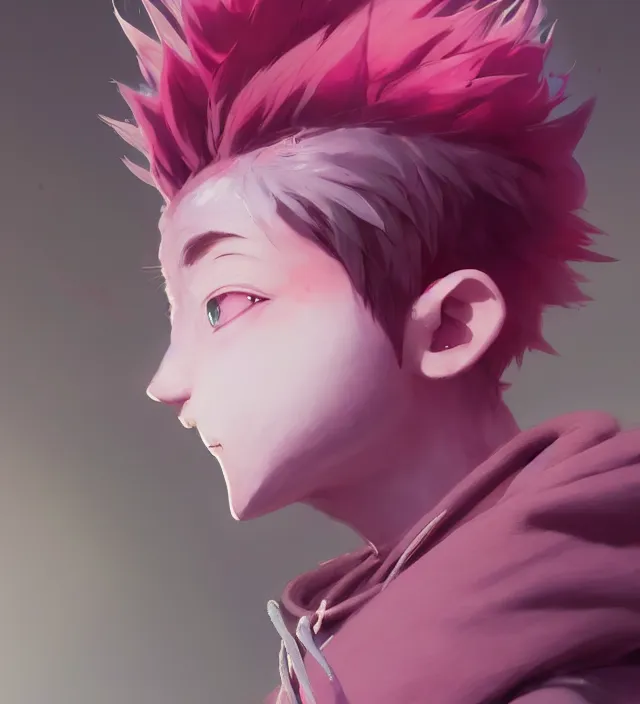 Image similar to a beautiful portrait of a cute anime boy with pink hair wearing a hoodie. character design by cory loftis, fenghua zhong, ryohei hase, ismail inceoglu and ruan jia. artstation, volumetric light, detailed, photorealistic, rendered in octane