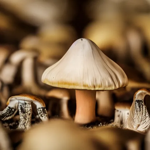 Prompt: psychedelic mushroom made from human skin and teeth on display 50mm shallow dof