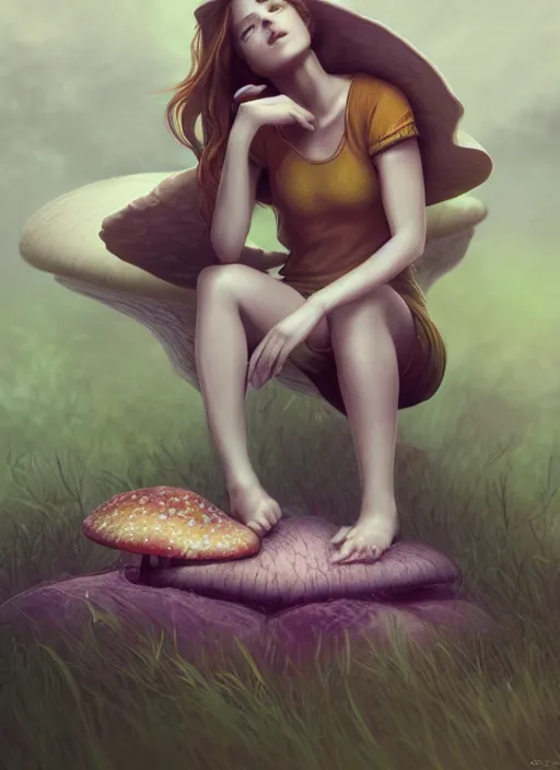 Image similar to a girl sitting on a mushroom, realistic detailed face, psychedelic, by charlie bowater, expressive digital drawing, octane render